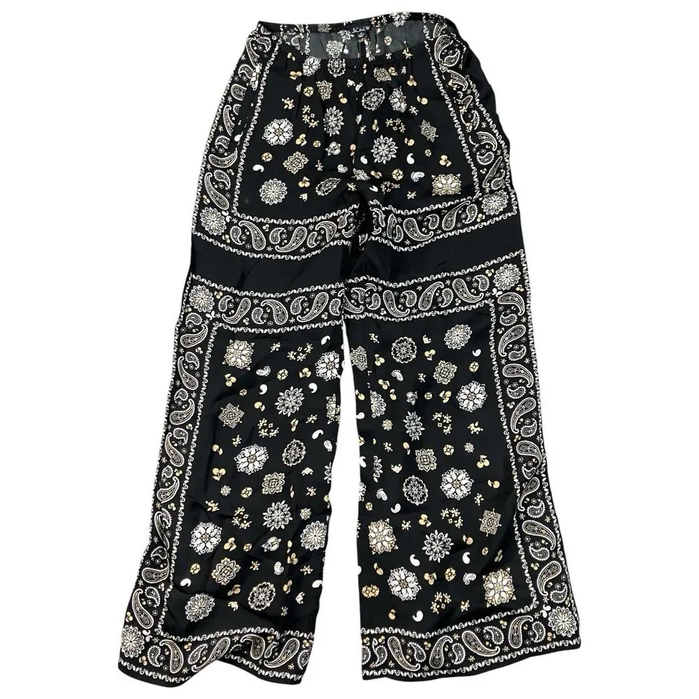 J Crew Cosmo Pants SP Petite S Black Bandana Paisley Print Wide Leg CS470